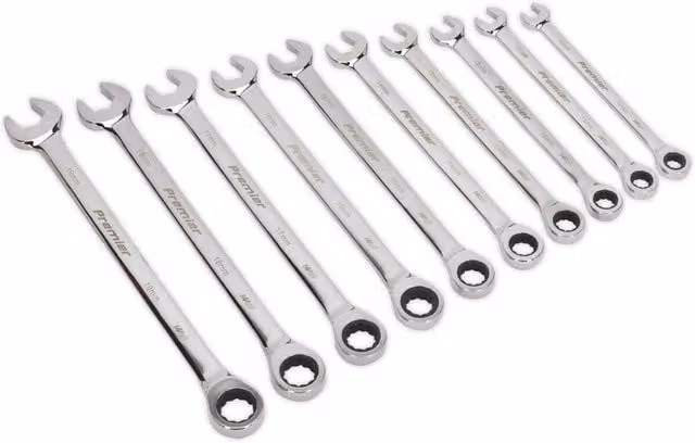 Loops 10-Piece Extra Long Combination Hand Spanner Set, 10mm to 19mm, Silver and Multicolour Chrome Vanadium