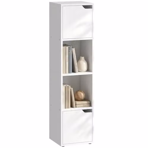 HOMCOM 4-Tier White Bookcase with 2 Cabinets and Open Shelves – 1