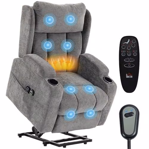 HOMCOM Grey Fabric Power Lift Recliner Chair with Vibration Massage and Heat – 1