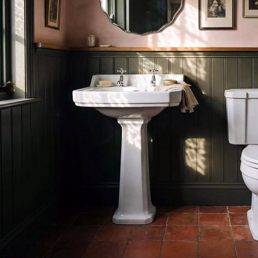 PAWNORA White Ceramic Square Full Pedestal Wash Basin with 2 Tap Holes – 4