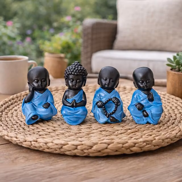 Marco Paul Set of 4 Mini Sitting Lucky Buddha Blue Ceramic Tabletop Ornaments – 1