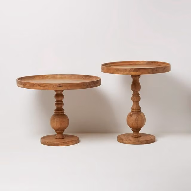HOMESCAPES Set of 2 Pillar Round Acacia Wood Side Tables in Brown
