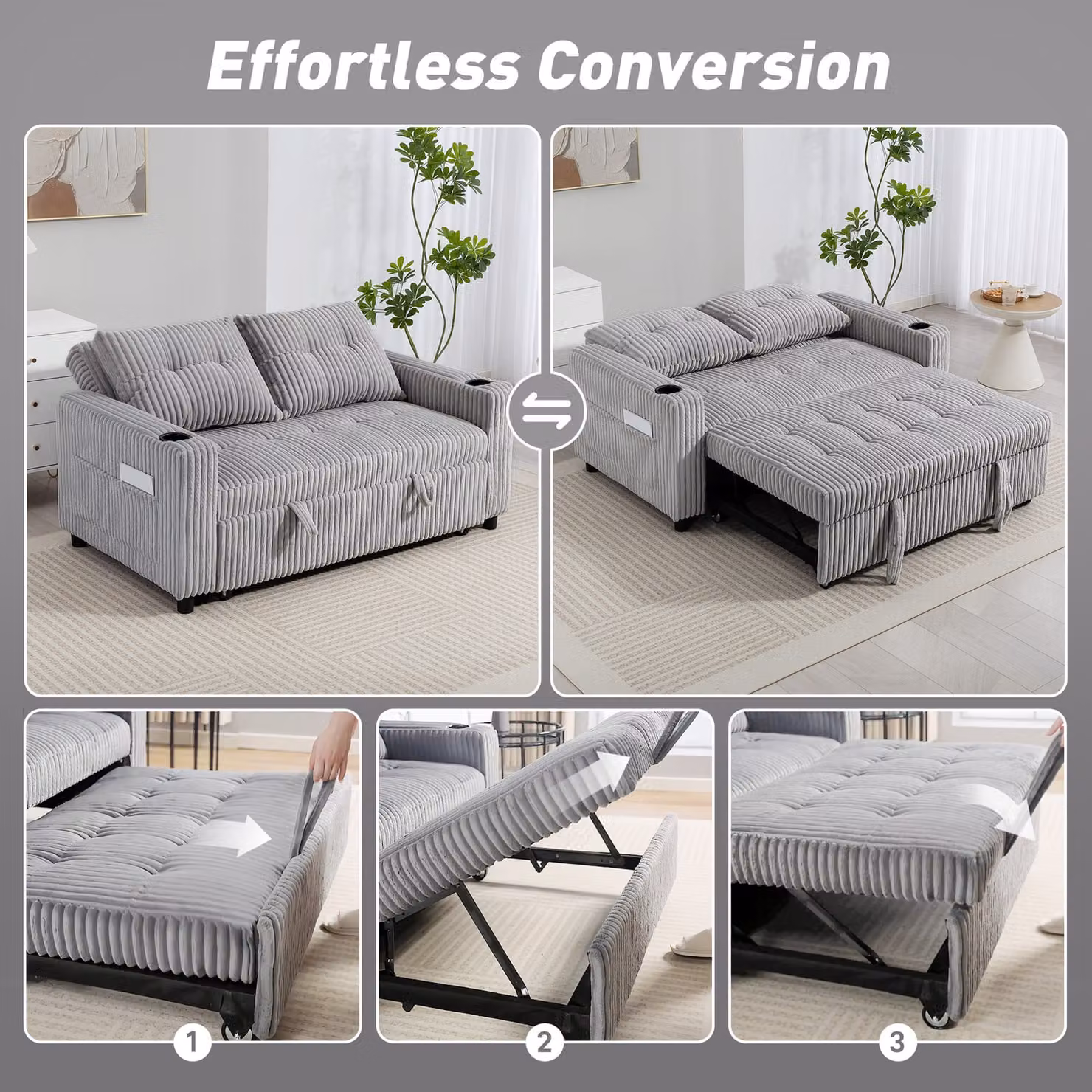 HOMCOM 2 Seater Click Clack Sofa Bed with Pull Out Design in Light Grey Corduroy Upholstery – 2