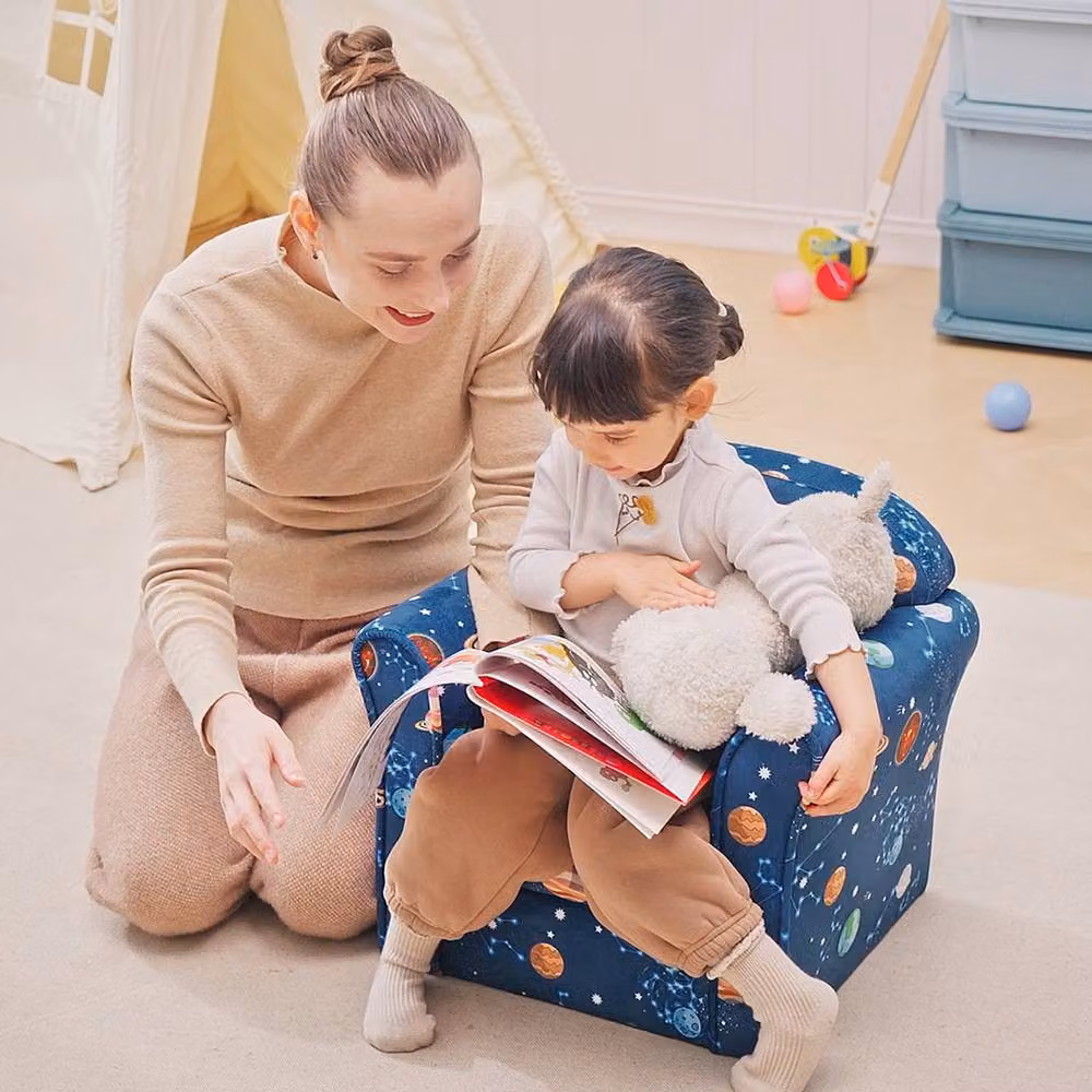 STILVORA Children's Armchair with Solid Wood Frame and Blue Fabric Upholstery – 2