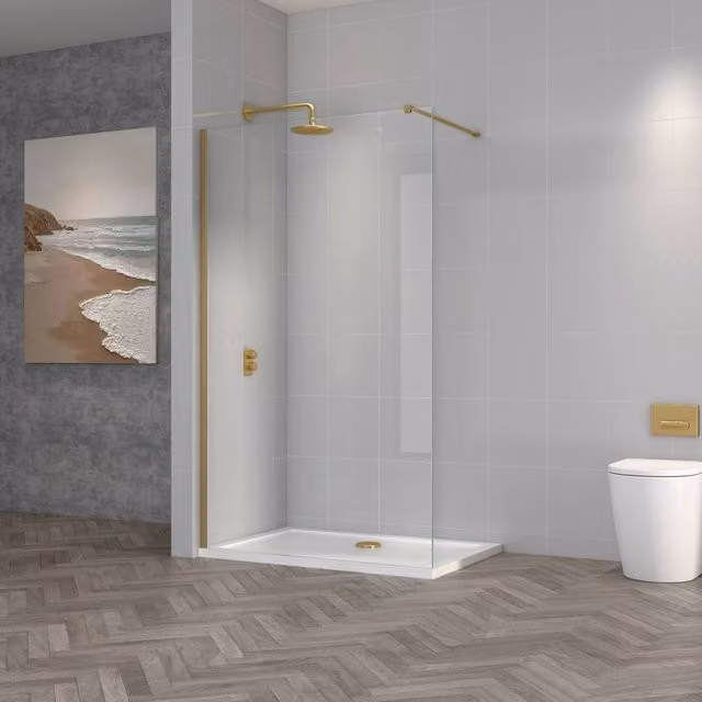Bathroom Kingdom Vienna Walk-In Wet Room Shower Glass Panel in Gold with Brushed Brass Easy Clean Coating, W: 800 mm, Thickness: 8 mm