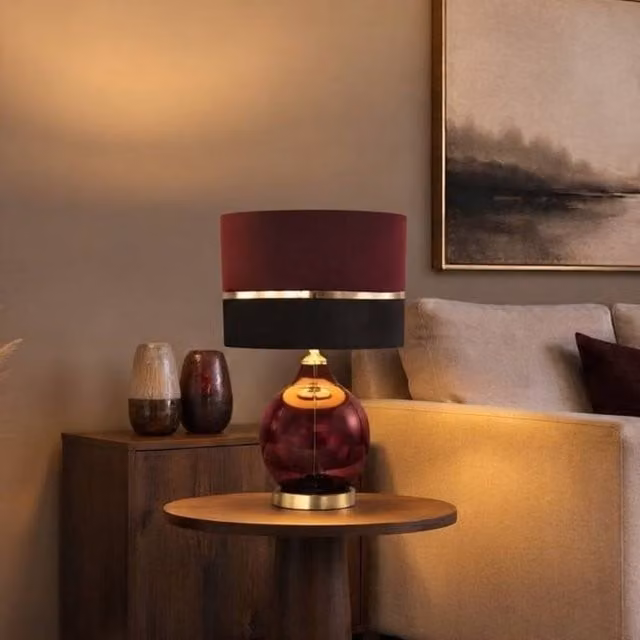 Garden Greatness Velvet Stripe Glass Table Lamp in Red, Black and Gold/Brass