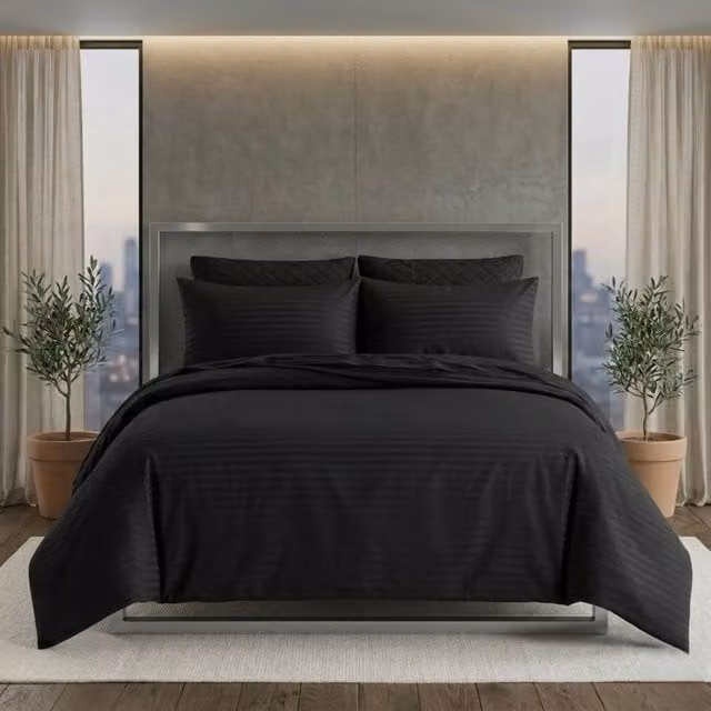 Snug City Luxury Satin Stripe Duvet Cover Set, Black, Cotton Rich T250, 200 x 200 cm