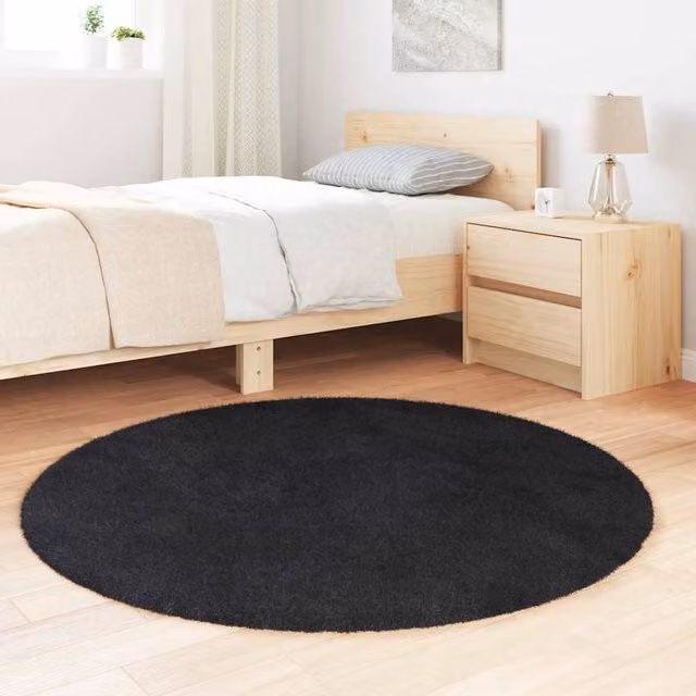 Berkfield Home NAVARRA Black Shaggy High Pile Round Polyester Rug, Diameter: 120 cm – 1