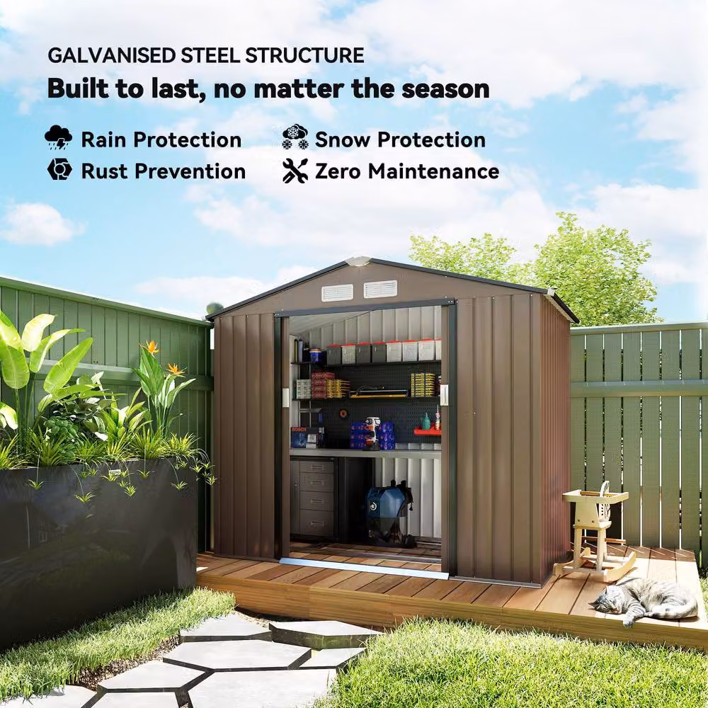 STILVORA Steel Garden Shed with Double Sliding Doors in Brown, W/D/H: 185 x 120 x 96 cm – 6