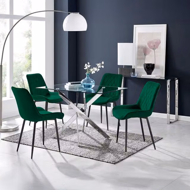 FurnitureboxUK Leonardo Glass Dining Table and Four Pesaro Black Leg Chairs in Green