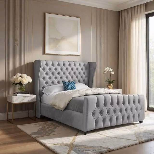 KDMD Keysoe Grey Soft Velvet Upholstered Chesterfield Designer Bed Frame, W/D/H: 180 x 200 cm