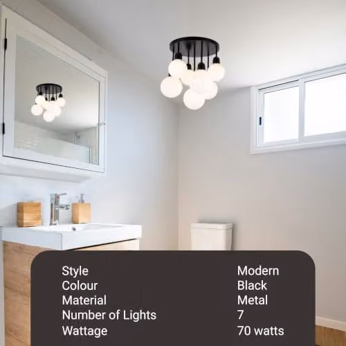 Cosylyte Modern Broome 7-Light Milk Glass Globe Ceiling Light, Black and White, W/D/H: 46 x 46 x 44 cm – 4