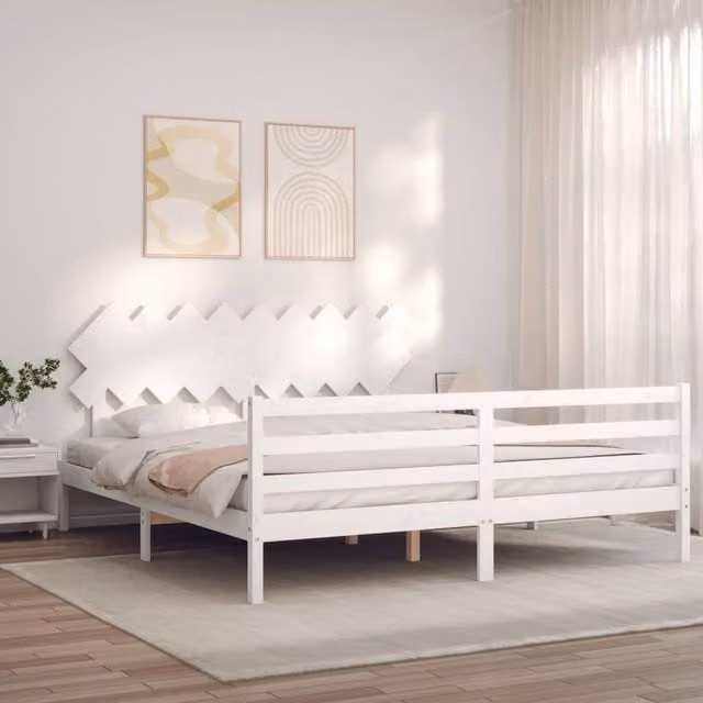 Berkfield Home Beautiful Super King Size Solid Wood Bed Frame with Headboard in White, W/D/H: 180 x 200 x 185.5 cm