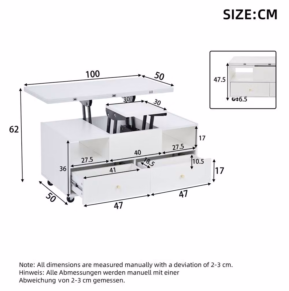 STILVORA Modern White Height-Adjustable Coffee Table with Castors and 4 Drawers – 4