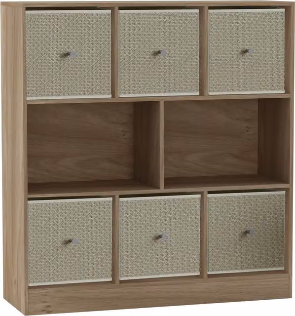 URBNLIVING 8 Cube Oak Bookcase with 6 Beige Fabric Storage Drawers