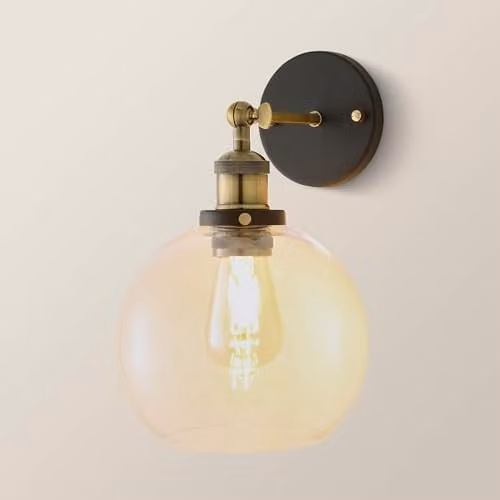 ValueLights Sheridan Industrial Wall Light with Amber Transparent Glass Sphere in Black and Gold/Brass – 1
