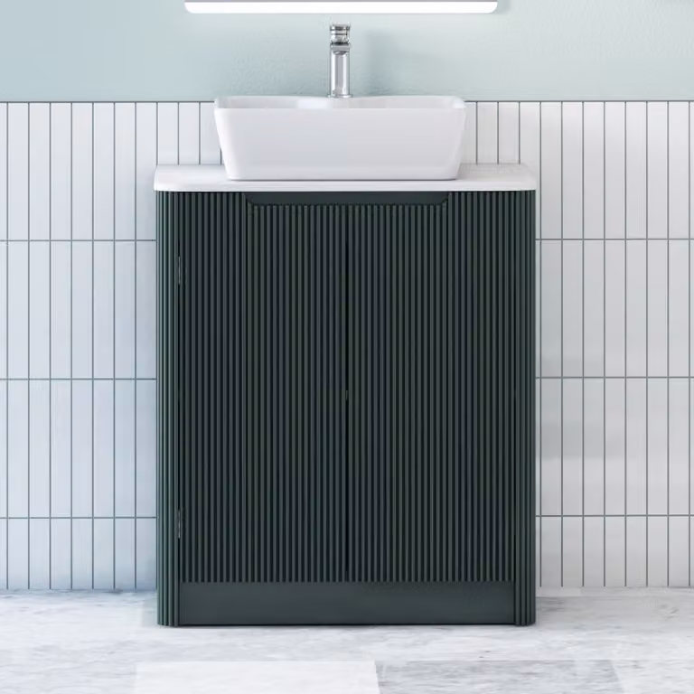 Royal Bathrooms Avenza Floor Standing 2 Door Bathroom Vanity Unit in Moss Green with Plain White Worktop and Cube Basin