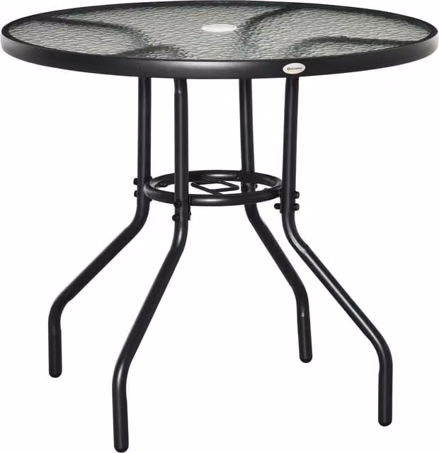 Outsunny Round Garden Dining Table with Tempered Glass Top and Parasol Hole, Black