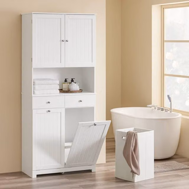 SoBuy Coastal White Bathroom Tall Cabinet with 4 Doors, 2 Drawers and Open Shelf – 1