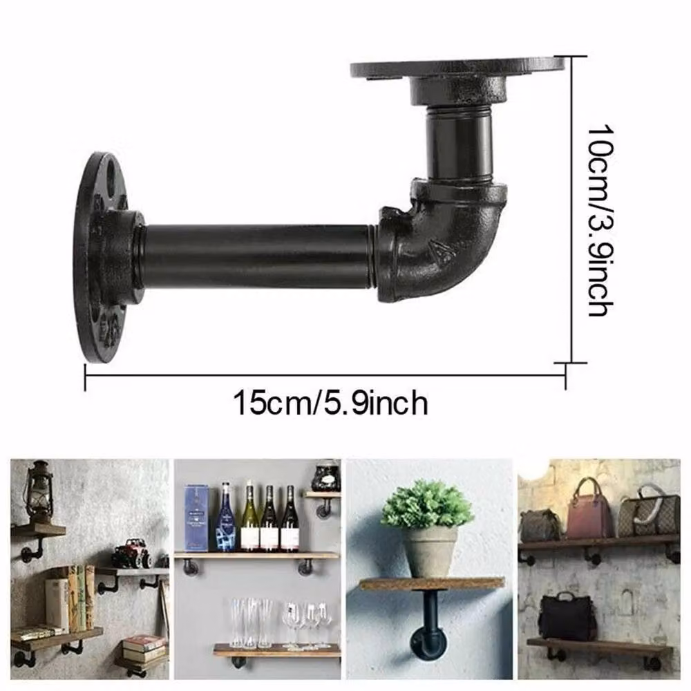 VOGREX Set of 4 Industrial Iron Pipe Wall Mounted Shelf Brackets in Matt Black – 2