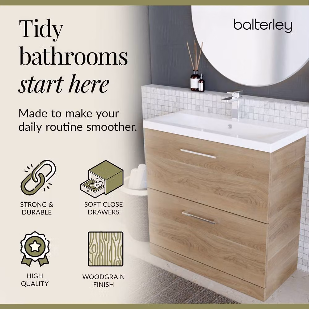 Balterley Contemporary Floor Standing 2 Soft-Close Drawer Bathroom Vanity Unit with Mid-Edge Ceramic Basin, Bleached Oak/Brown, W: 80 cm, D: 39 cm, H: 84 cm – 2