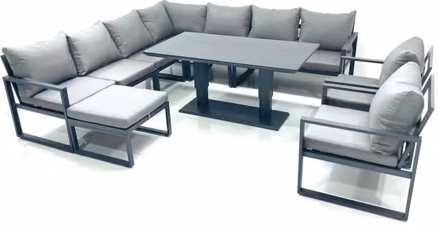 Fimous 10 Seater Outdoor Aluminium Garden Furniture Set in Dark Grey with Corner Sofa, Big Footstool, 2 Chairs and Height Adjustable Dining Table
