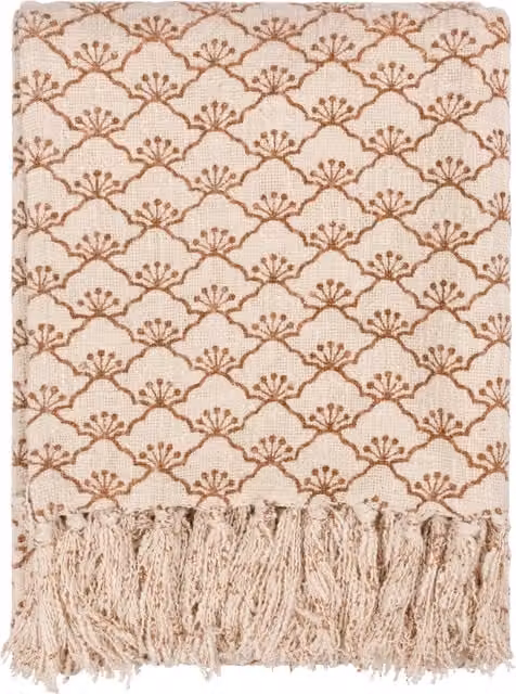 Saku Blossom Fringed Cotton Throw in Pecan Brown and Beige with Floral Art Deco Design