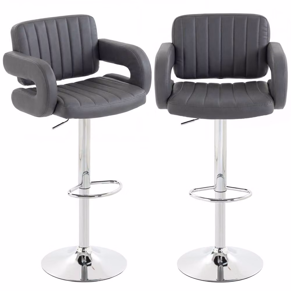 STILVORA Set of 2 Grey Synthetic Leather Bar Stools with 360 Degree Swivel and Adjustable Height – 2