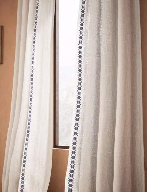 M&S X Fired Earth Blue Pure Cotton Embroidered Sheer Curtains