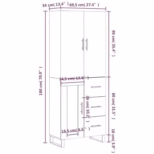 vidaXL Modern Highboard in Smoked Oak, Brown Engineered Wood with Hinged Doors and Internal Shelves, W/D/H: 69.5 x 34 x 180 cm – 3