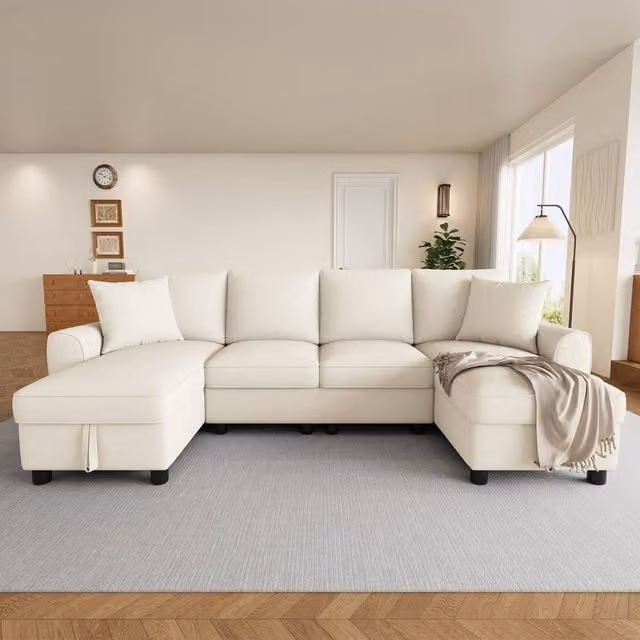 Merax Chenille U-Shaped Sectional Corner Sofa with Twin Storage Chaises in Beige