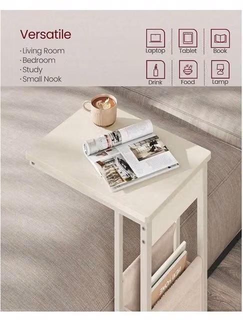 VASAGLE C-Shaped Side Table with Storage Bag in White