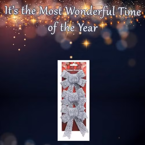 VFM e-Store Silver Tinsel Bows Christmas Decorations, Pack of 3, W/D/H: 10 x 13 x 3 cm – 4