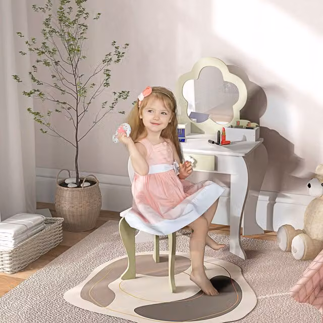 ZONEKIZ Kids Dressing Table with Mirror and Stool in White Floral Design