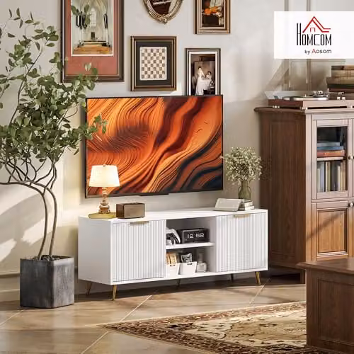 HOMCOM Modern White Fluted TV Stand for TVs up to 55 Inch with Geometric Storage Cabinets – 2