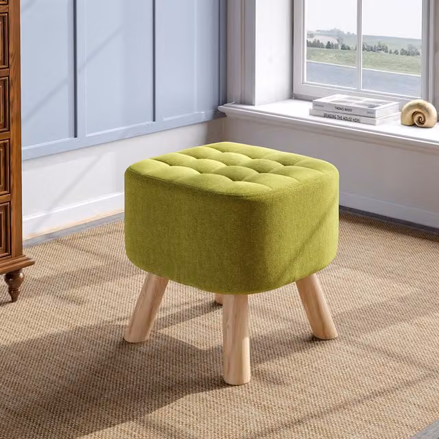 Livingandhome Modern Green Fabric Cube Footstool with Wooden Frame and Legs