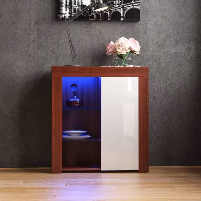 Vida Designs Azura Modern 1 Door LED Sideboard in Walnut and White with Glass Details