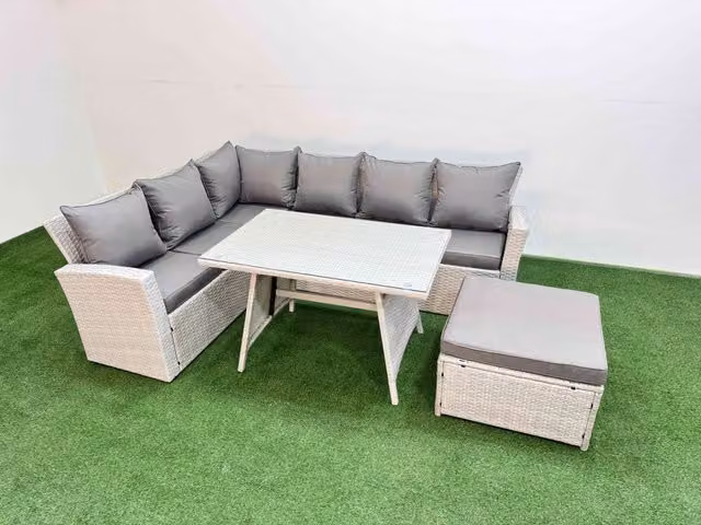 Fimous 7 Seater Outdoor Rattan Garden Furniture Set with Large Footstool in Light Grey