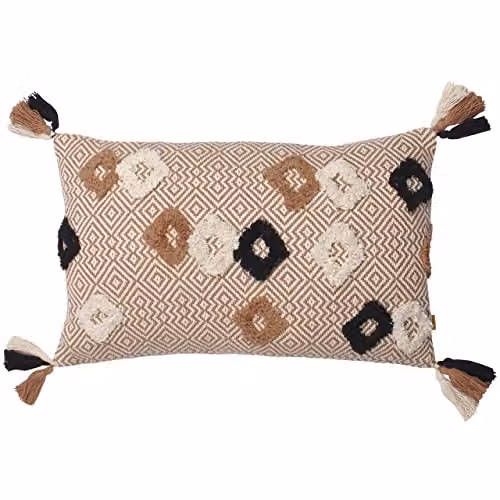 Benji Tasselled Jacquard Diamond Tufted Cotton Cushion in Brown and Multicolour, W/D/H: 50 x 30 x 30 cm