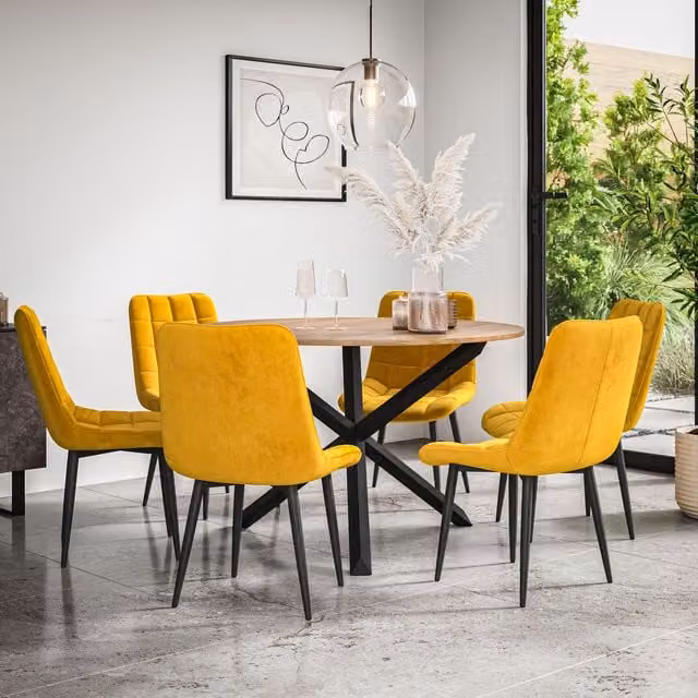 More4Homes Malvern Round Dining Table and 6 Nova Velvet Dining Chairs Set, Oak Table Top with Black Legs and Mustard Yellow Chairs, Diameter: 120 cm, Height: 75 cm – 1