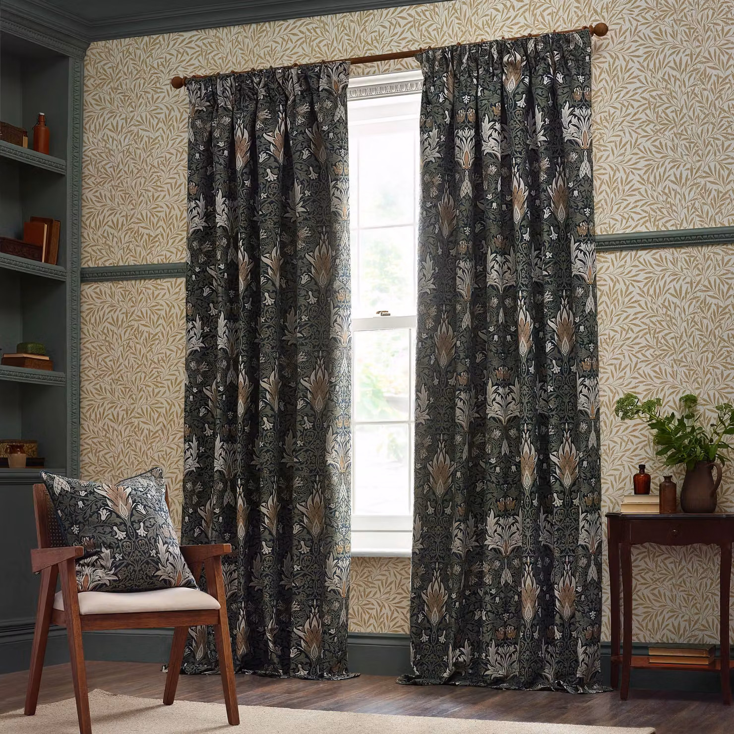 Morris & Co. Snakeshead Jacquard Chenille Pencil Pleat Room Darkening Curtains in Blue, Width: 168 cm, Drop: 229 cm – 2