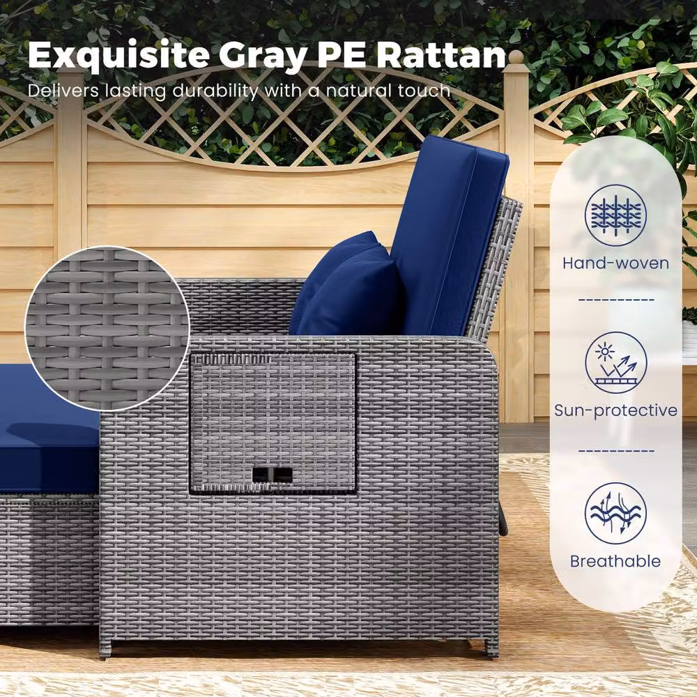 Costway 2-Piece Navy Blue PE Wicker Daybed and Patio Rattan Furniture Set with 4-Level Backrest – 9