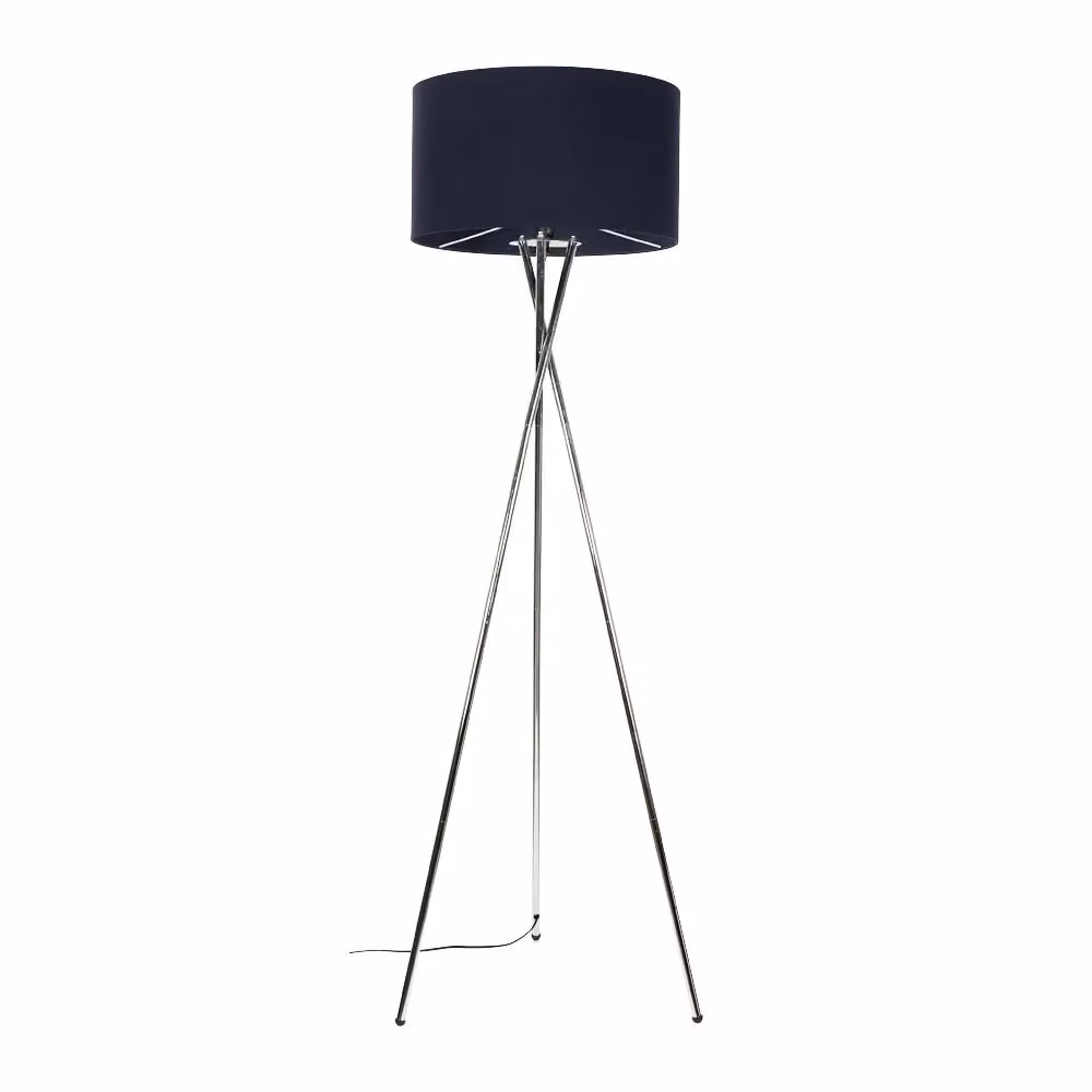 ValueLights Camden Polished Chrome Tripod Floor Lamp with Dark Navy Fabric Drum Shade and Bulb – 2