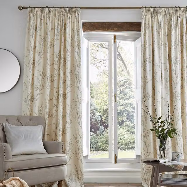 Laura Ashley Pussy Willow Floral Cotton Ready Made Curtains in White and Grey