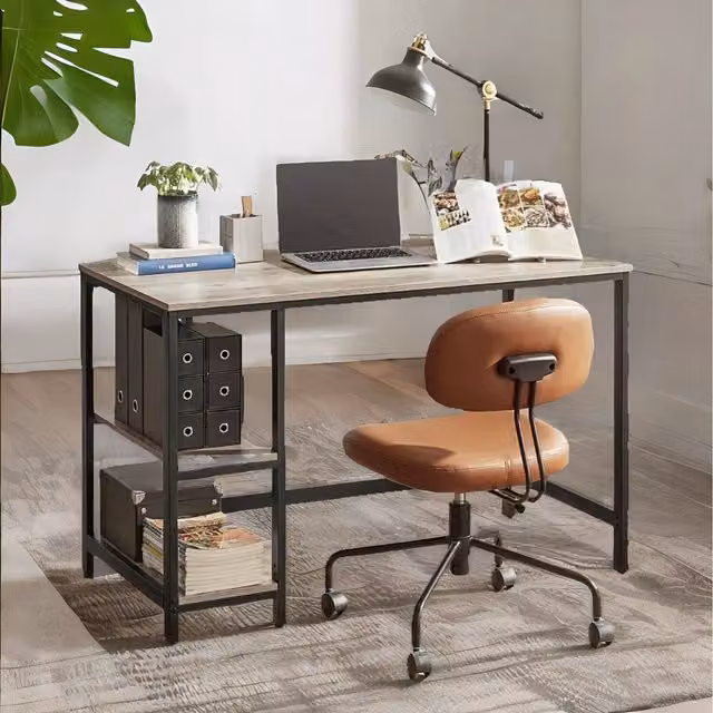 Furnold Industrial Computer Desk with 2 Shelves in Greige, Width: 120 cm