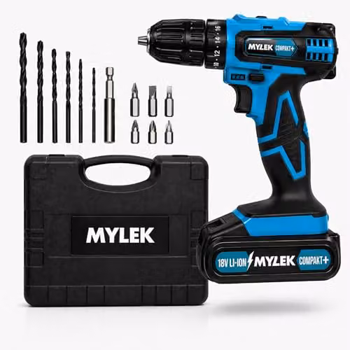 MYLEK MY18BCM1 18V Cordless Drill in Blue with 1400 mAh Li-Ion Battery, 28Nm Torque, 2-Speed Settings, LED Work Light and Accessory Kit