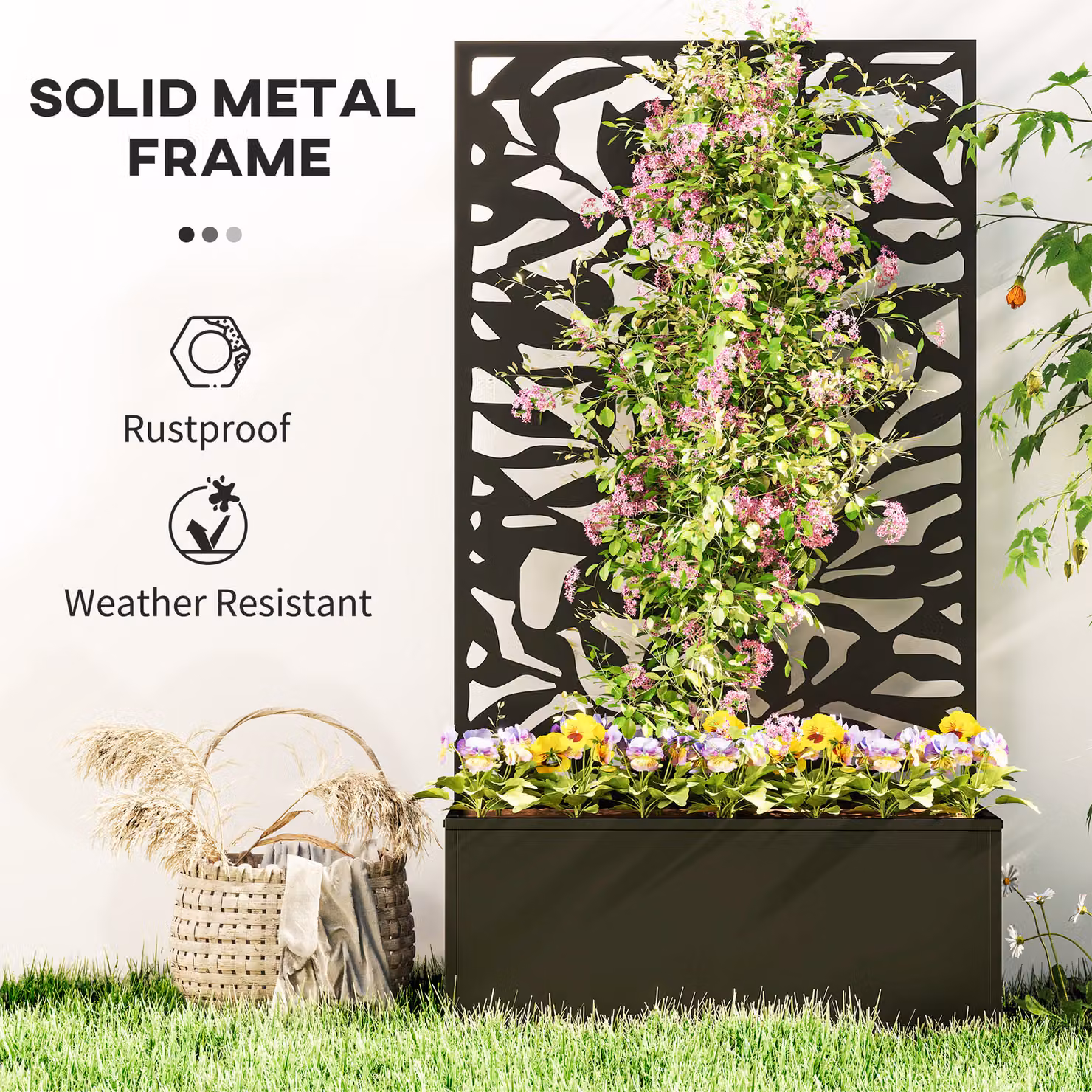 Outsunny Metal Garden Raised Bed with Trellis and Privacy Panel, Black, W: 58.0 cm, D: 30.3 cm, H: 24.0 cm – 6
