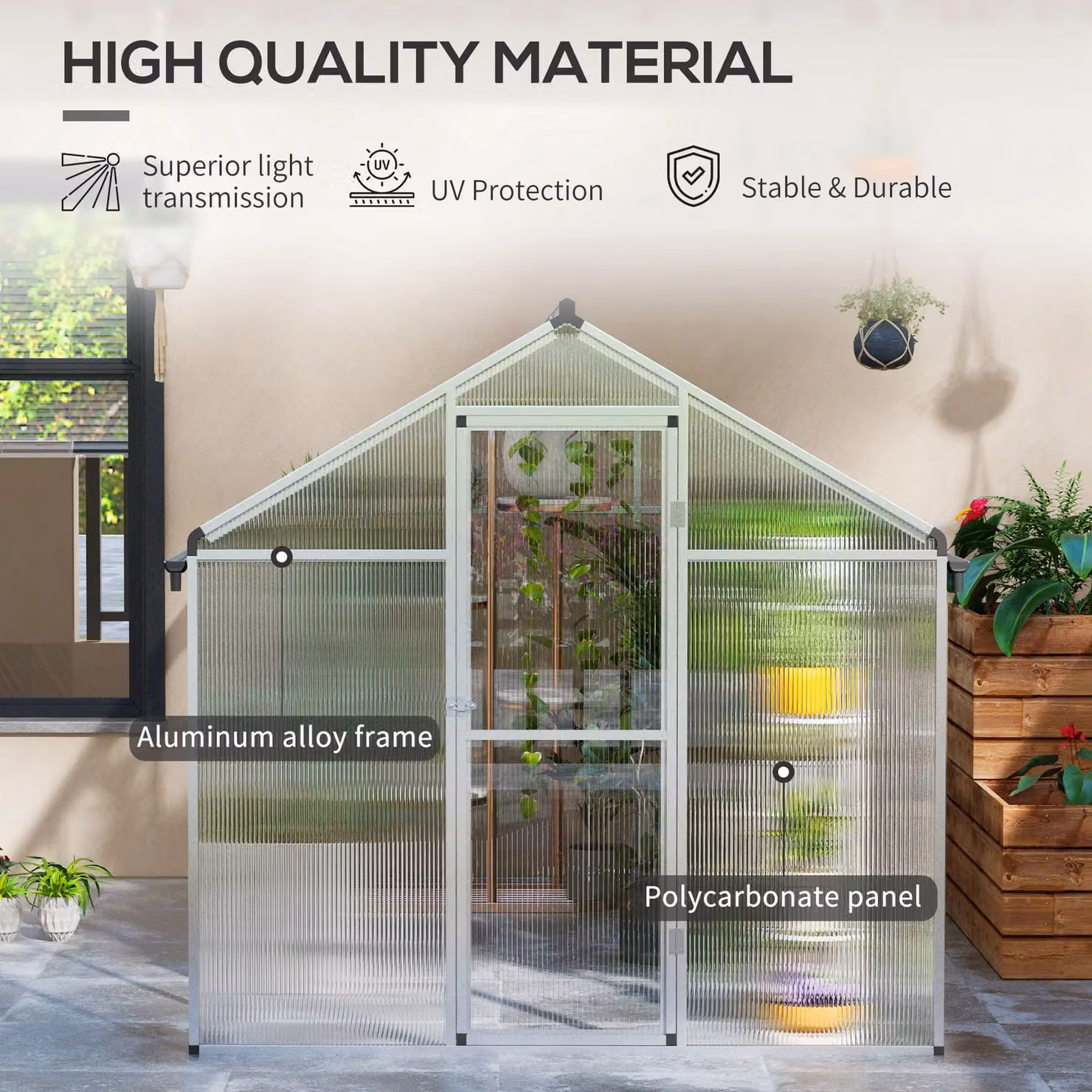 OUTSUNNY Aluminium Greenhouse with Door, Window and Galvanised Base in Silver, W/D/H: 305 x 195 x 192 cm – 3
