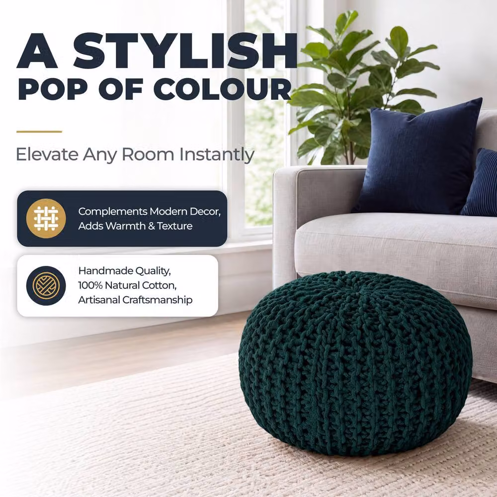 Bravich LTD Chunky Knitted Cotton Pouffe Footstool in Dark Green, Diameter: 50 cm – 6
