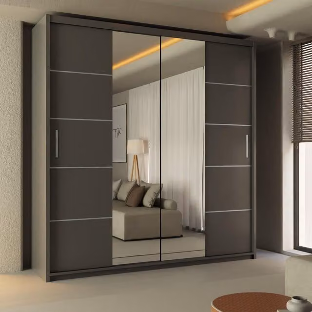 Sliding Wardrobes 4U Ribon Grey Mirror Sliding Door Wardrobe W: 150 cm, H: 217 cm – 1